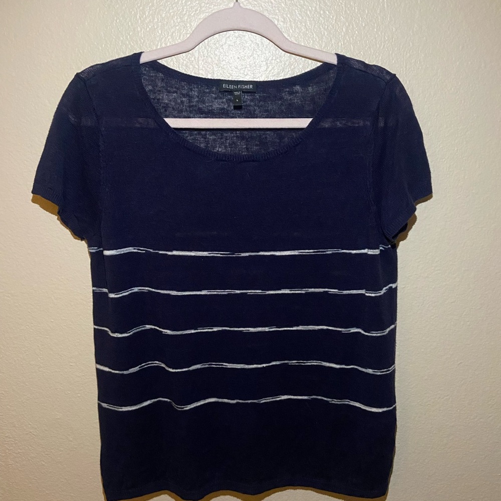 Eileen Fisher Linen Short Sleeve Top Dark Blue White Stripes Size Large